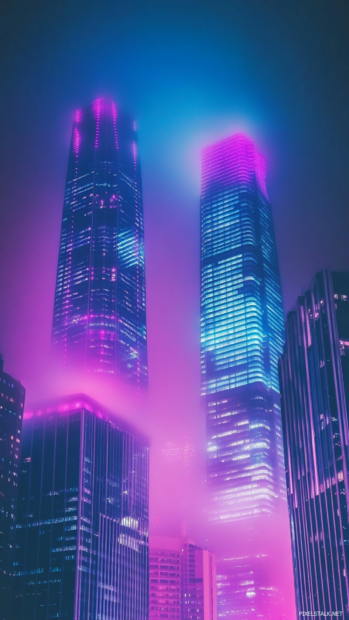 Towering neon skyscrapers in a misty cityscape, a must have for cyberpunk phone wallpapers.
