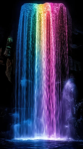 Towering neon waterfall cascading into black abyss.