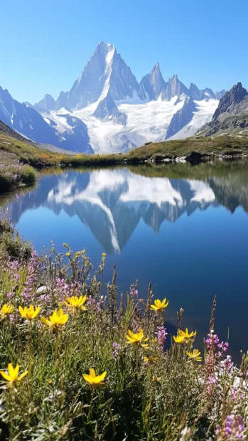 Towering snow capped peaks reflected in a picturesque mountain lake, vibrant wildflowers surround it.