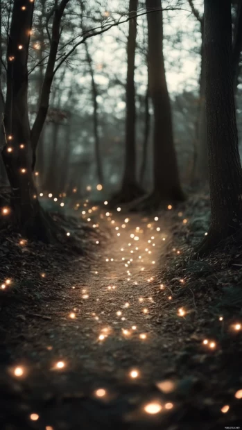 Towering trees and sparkling dew surround an enchanted forest path illuminated by soft, glowing fairy lights.