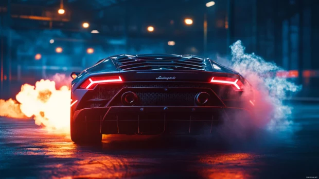 Track ready Lamborghini 4K PC Wallpapers with a rear shot of a Huracán EVO launching with glowing exhaust.