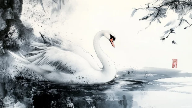 Traditional Asian art inspired Swan on ink lake.