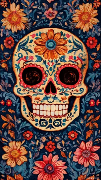 Traditional Mexican skull wallpaper featuring papel picado accents.