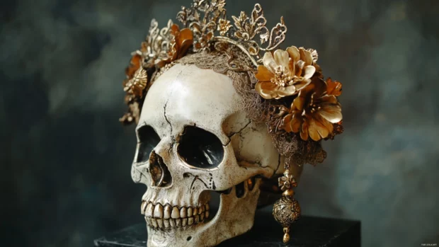 Traditional skull with flower earrings and golden lace crown.