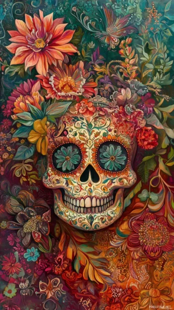 Traditional sugar skull decorated with vibrant colors and intricate floral designs, inspired by Dia de los Muertos.