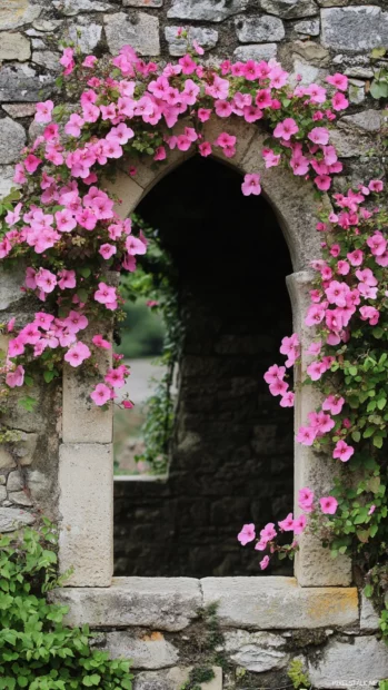 Trailing vines of Pretty Flower covering stone arch.