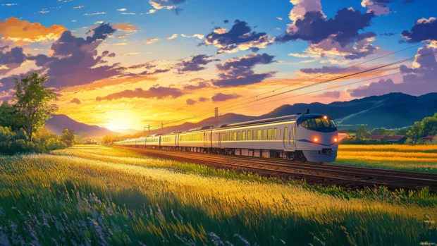 Train passing through a quiet anime countryside at sunrise.