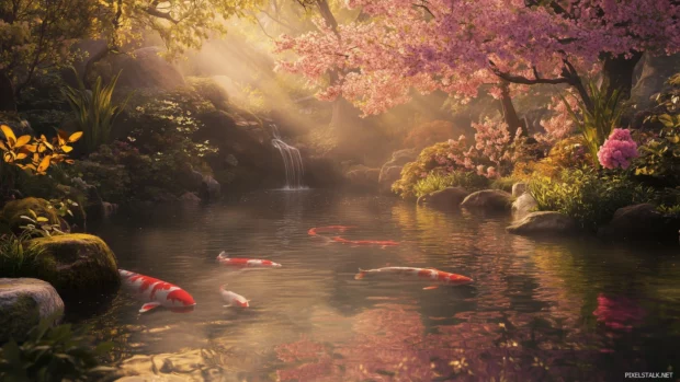 Tranquil Japanese garden with a pond surrounded by cherry blossoms, soft mist, and peaceful koi swimming.