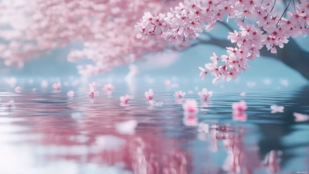 Tranquil Moving Anime Wallpapers with rippling water reflections under sakura trees.