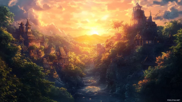 Tranquil anime village with sunrise glow, anime PC wallpaper full.