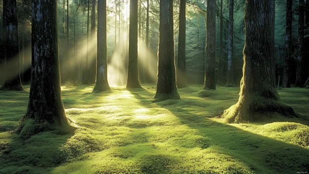 Tranquil forest scene with sunlight streaming through tall trees, casting dappled shadows on a mossy ground.