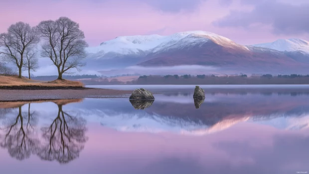Tranquil mountain lake reflecting the surrounding snow capped peaks and a soft purple evening sky.