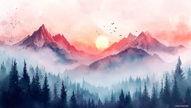 Tranquil peaks under a glowing sunrise, perfect watercolor desktop wallpaper with mountains.