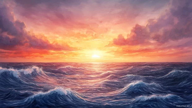 Tranquil sunset seascape watercolor illustration with calm waves and glowing skies.