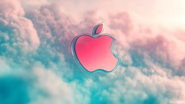 Transparent Apple emblem floating on cloudy abstract backdrop.