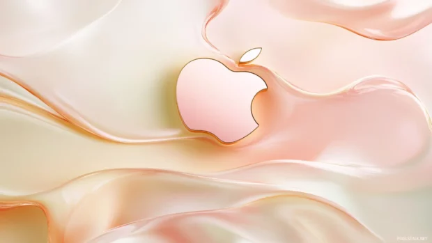 Transparent Apple logo floating on soft pastel gradient, stylish Apple soft tone wallpaper.