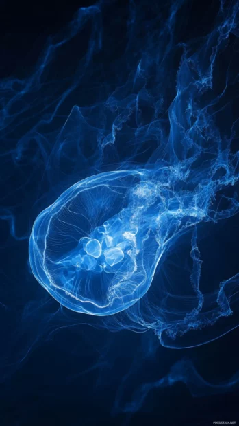 Transparent jellyfish pulsing in deep ocean blue.