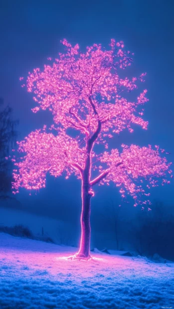 Tree with branches glowing in soft neon light.