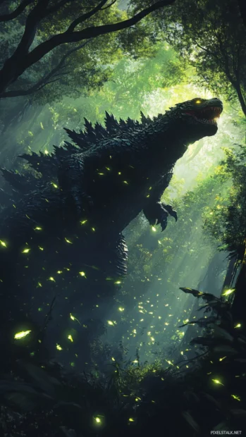 Trees bend and fireflies scatter as Godzilla appears in the forest.