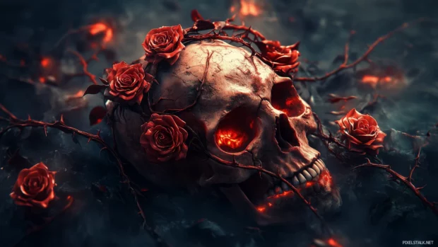 Tribal inspired skull, roses and vines, glowing highlights, shadowed frame.