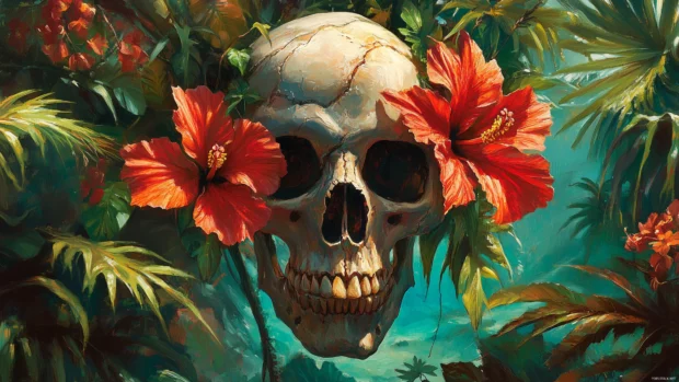 Tribal style skull adorned with hibiscus flowers and tropical foliage, capturing a vivid, colorful aesthetic.