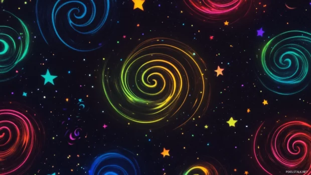 Trippy Moving Wallpaper featuring endless spirals and drifting neon shapes across black space.