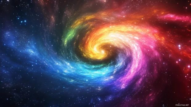 Trippy Moving Wallpaper with swirling vortex of rainbow mist and glowing particles in motion.