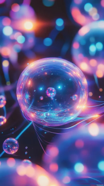 Trippy aesthetic pattern with floating orbs, glowing lines, and liquid textures.