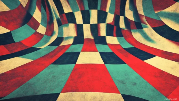 Trippy art wallpaper retro, featuring a warped checkerboard pattern and subtle grain, ideal for a desktop.