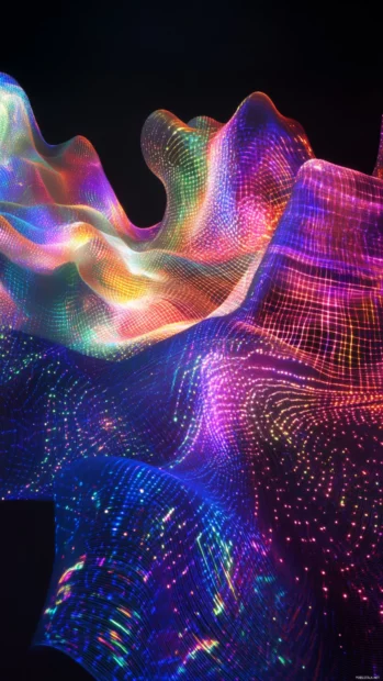 Trippy art with layered transparent waves and luminous particles in motion.