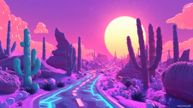Trippy cartoon scene with talking cacti and electric roads under a glitchy sun, great for wallpapers.