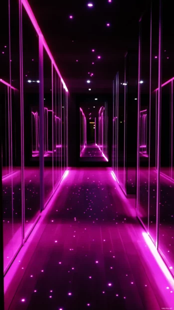 Trippy corridor with endless mirrors and floating purple lights.