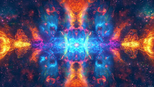 Trippy desktop images, a cosmic dance of nebulae and glowing particles, immersive and surreal, 4K quality.