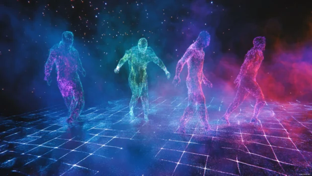 Trippy figures melting through a grid of stardust and motion blur shadows in darkness.