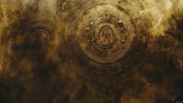 Trippy fog crawling through ancient symbols that rotate and fade in moving rhythm.