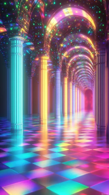 Trippy lights bending around abstract pillars in an endless glowing corridor.