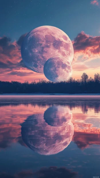 Trippy mirage of giant moons behind a liquid reflective lake at dusk.
