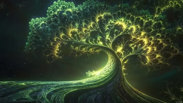 Trippy moving fractal tree growing and unfolding in a glowing animated dream.