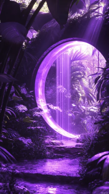 Trippy portal opening in a surreal jungle with shifting purple light rays.