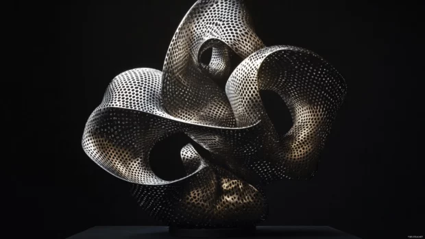 Trippy sculpture of darkness and light woven into a hypnotic motion against black backdrop.