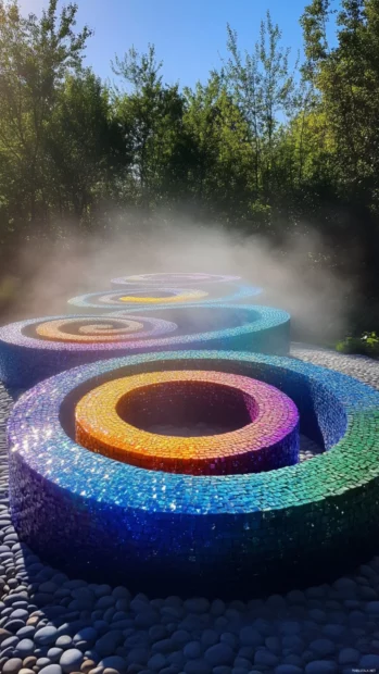 Trippy spiral made of color rings stretching into infinity with soft mist lighting.