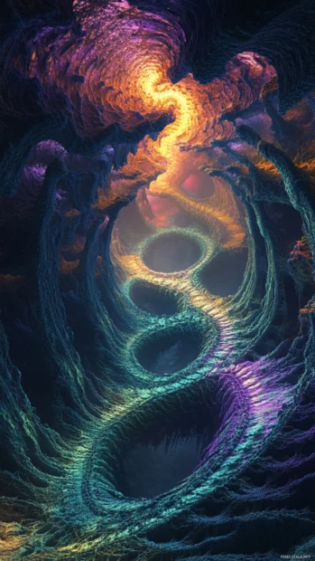 Trippy terrain of fractal paths and abyss voids under shifting neon storm.