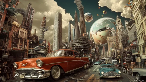 Trippy vintage art desktop, depicting a surreal cityscape with classic automobiles and warped buildings.