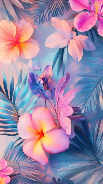 Tropical aesthetic lock screen with layered leaves, flowers, and pastel sunlight effects.