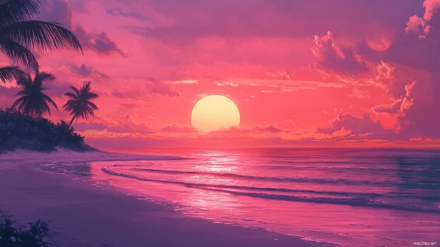 Tropical beach under pink sunset skies, one of the most downloaded Nature PC Wallpapers in recent weeks.