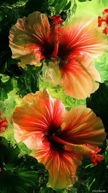 Tropical hibiscus pattern with vivid greens and reds filling the lock screen.