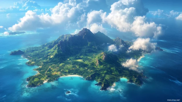 Tropical island from aerial view, 1920x1080 PC wallpaper travel vibe.