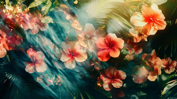 Tropical summer featuring layers of floral patterns, waves, and aesthetic light leaks.