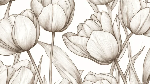 Tulip linework pattern with soft drop shadow on cool white.