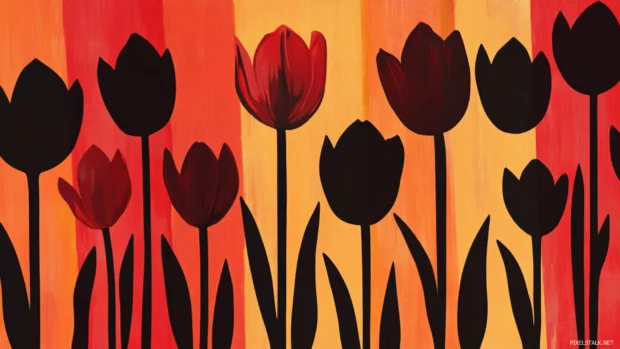 Tulip silhouettes repeated in vertical retro bands.